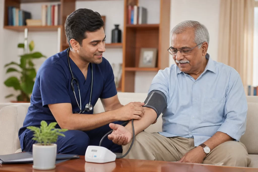 Caregiver helping an elderly woman with daily care