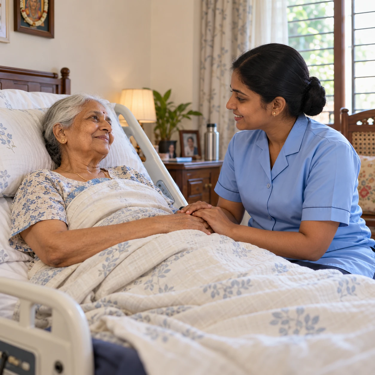 Care attendant offering bedside companionship to an elderly patient