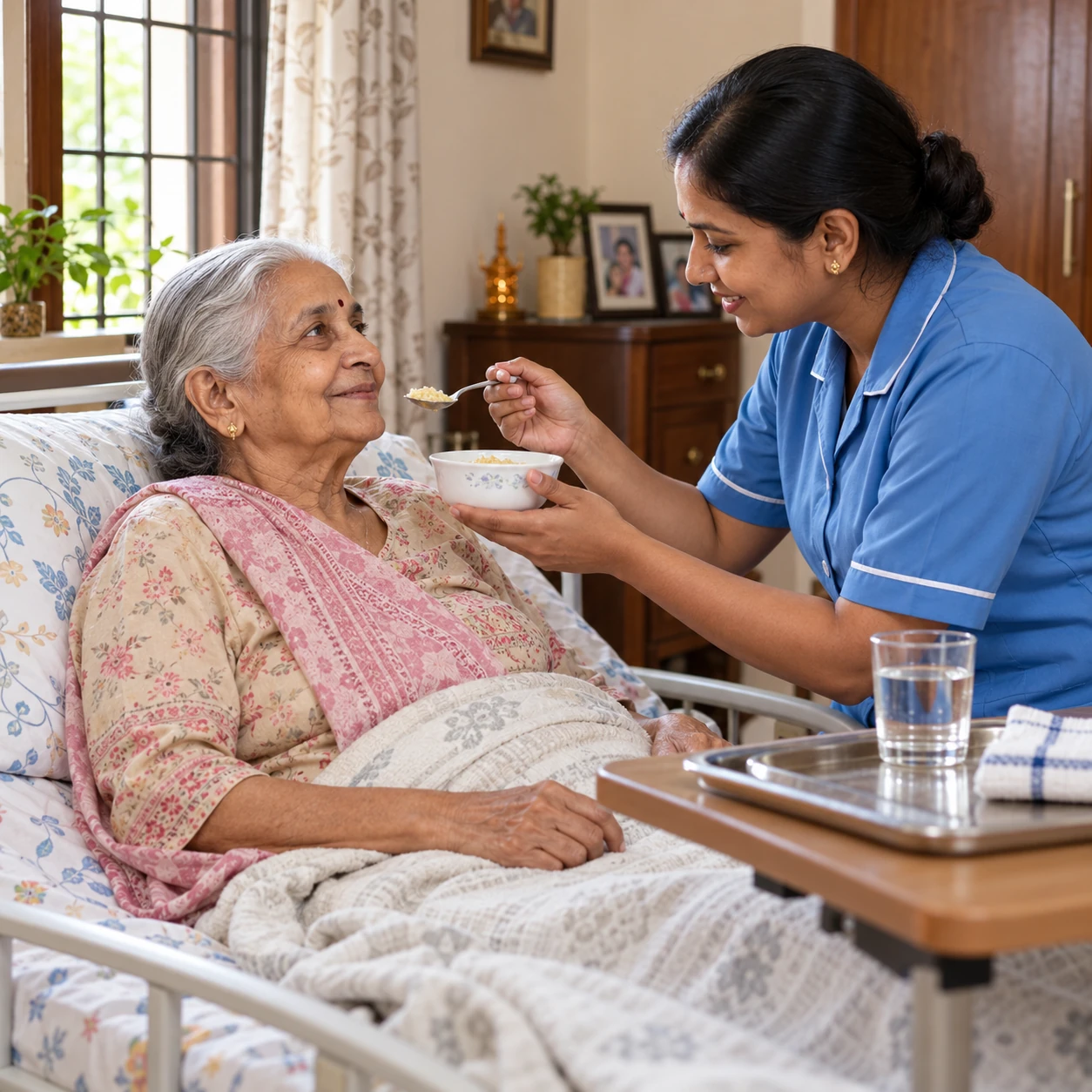 Care attendant adjusting support pillows for a bedridden patient