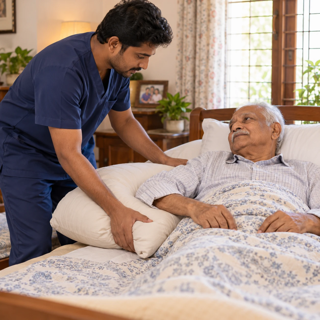 Care attendant helping an elderly patient with a meal and water