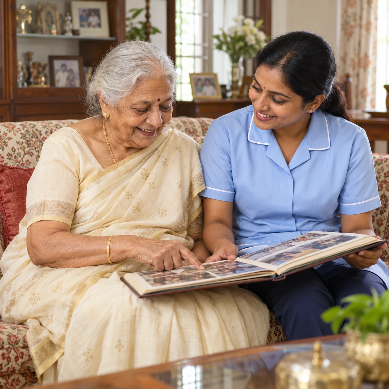 Caregiver and elderly woman looking through a photo album at home