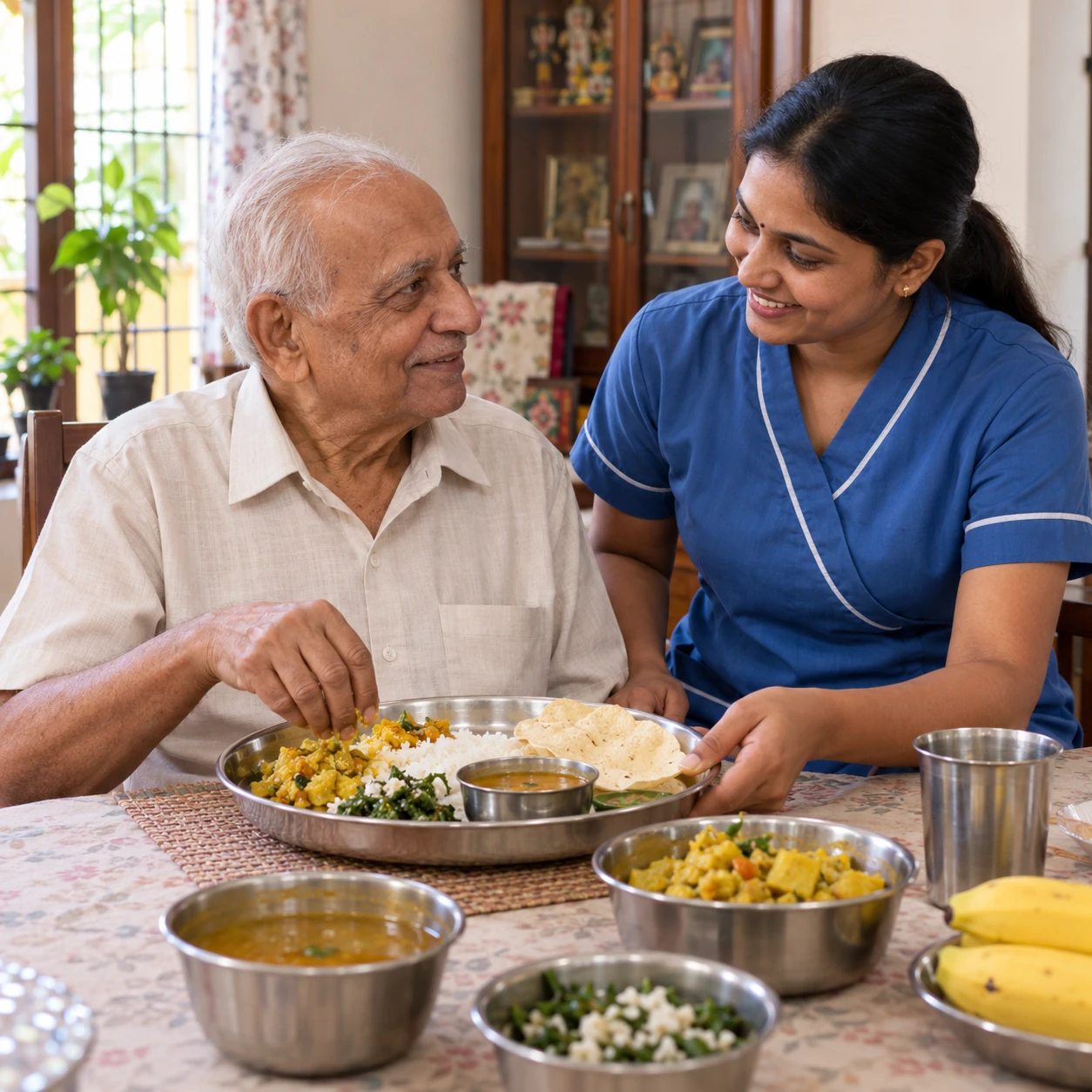 Caregiver accompanying an elderly woman using a walking frame