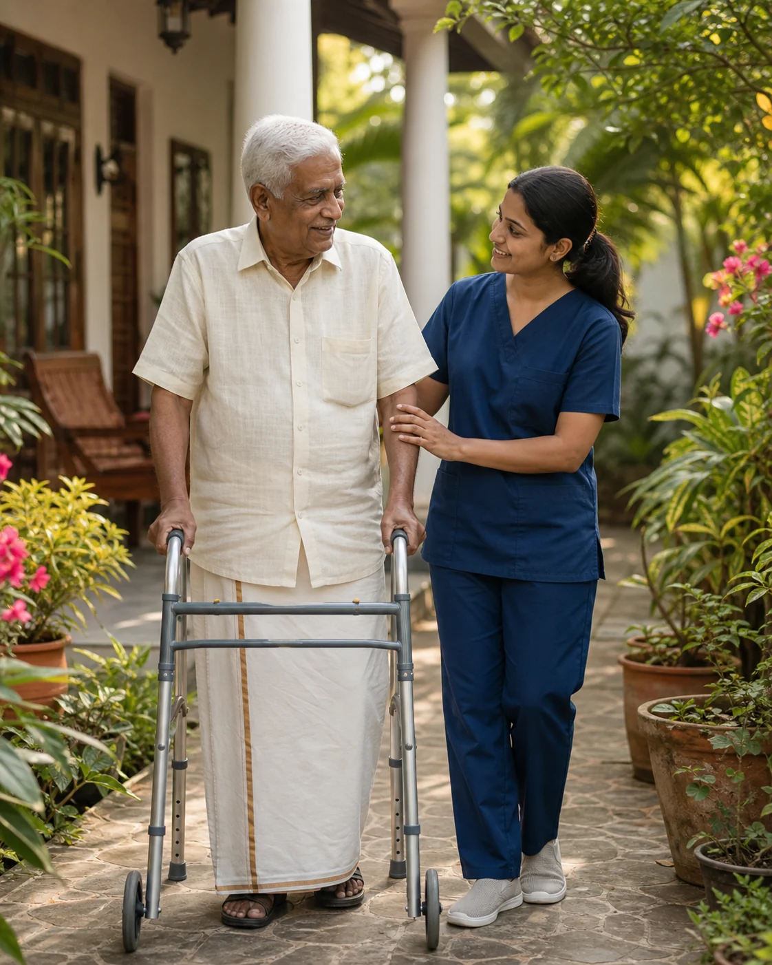 Caregiver assisting an elderly man with a walking frame