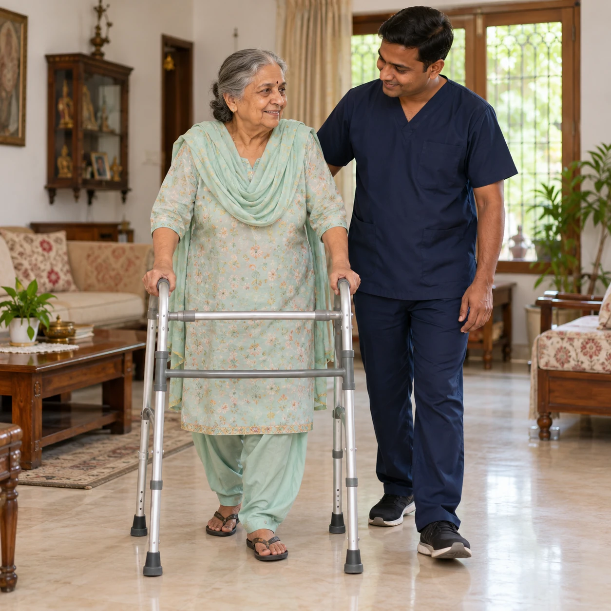 Caregiver supporting an elderly man at mealtime