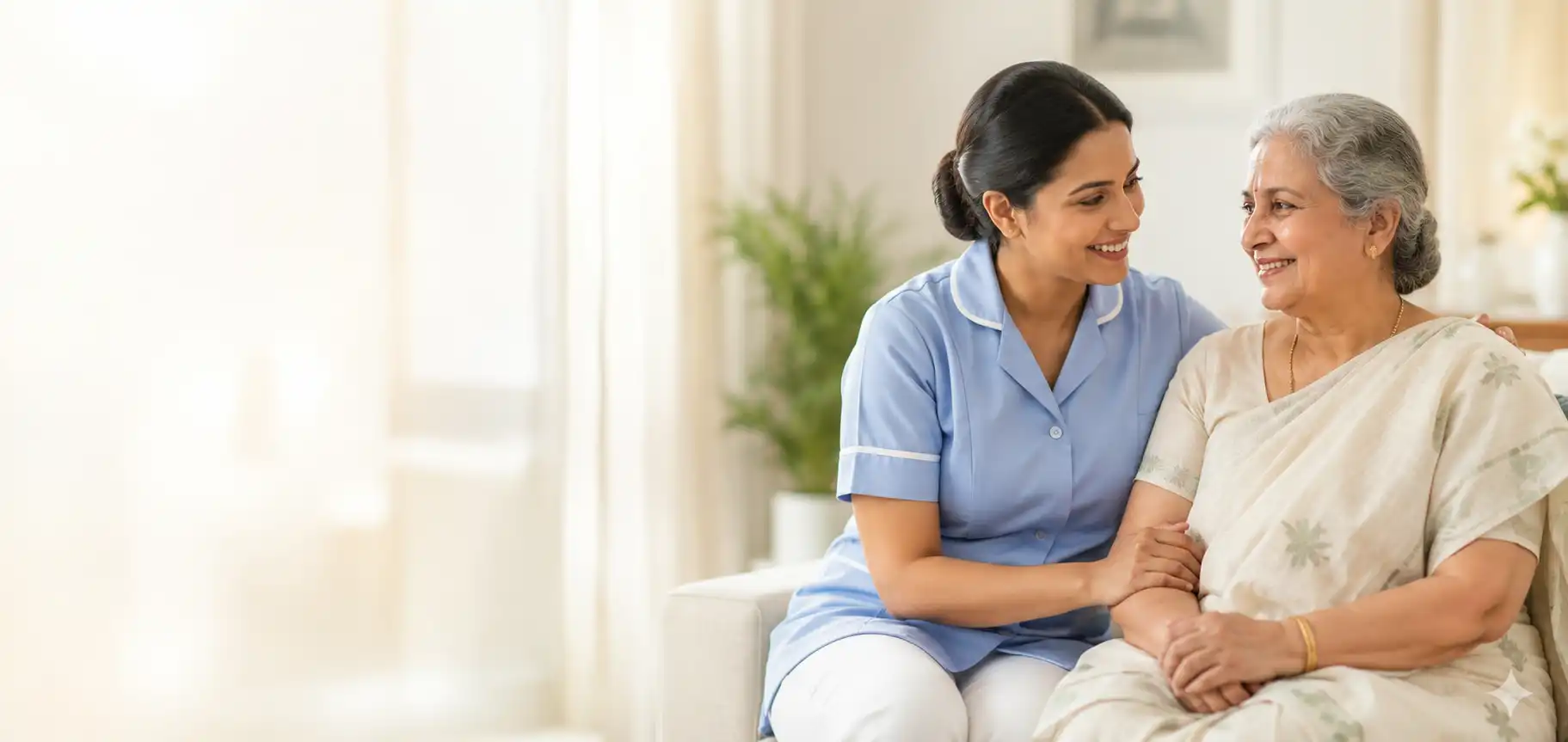 Home nurse supporting an elderly woman