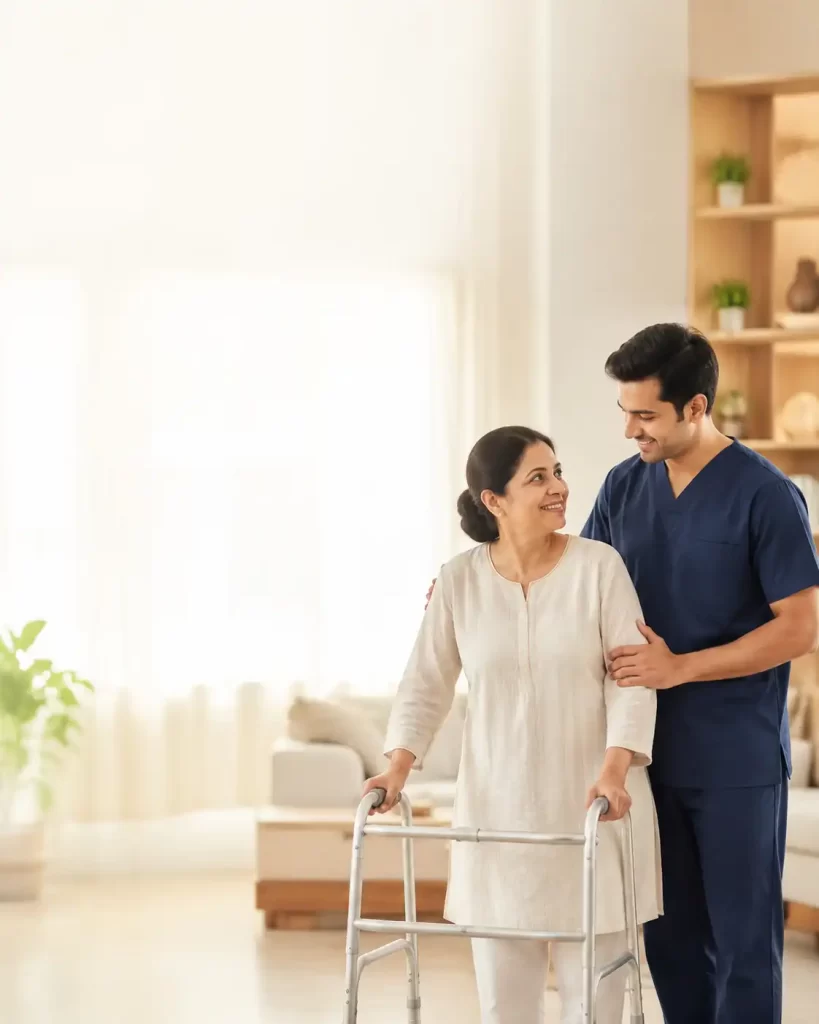 Caregiver helping a patient use a walking frame