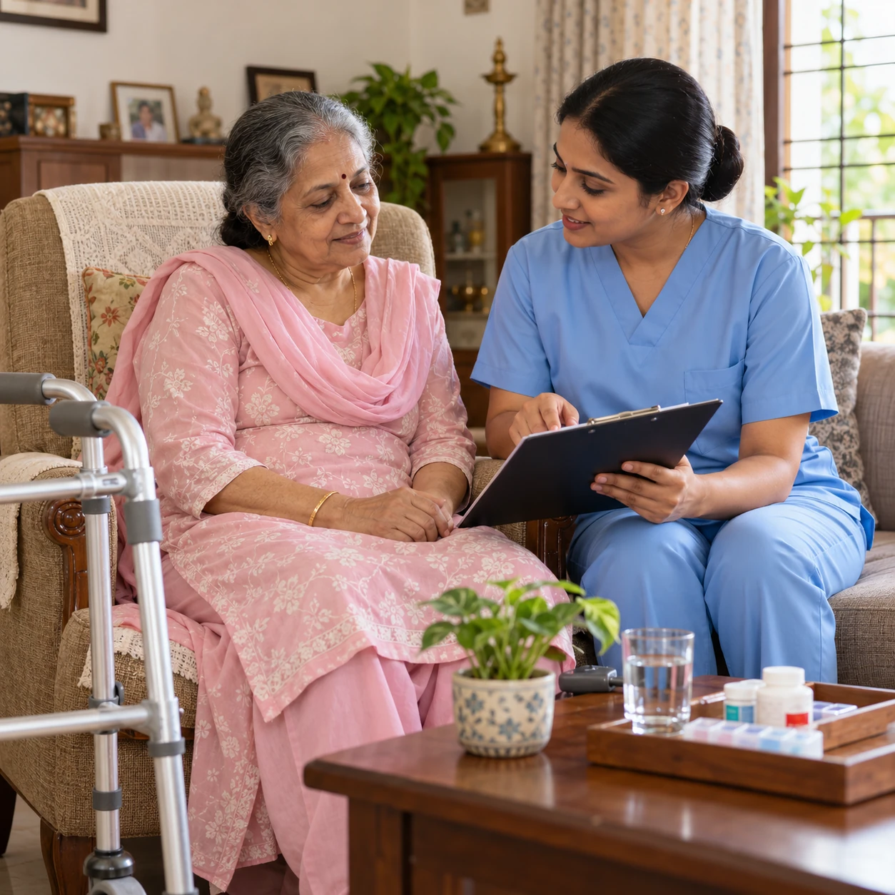 Nurse reviewing a home recovery plan with an older patient
