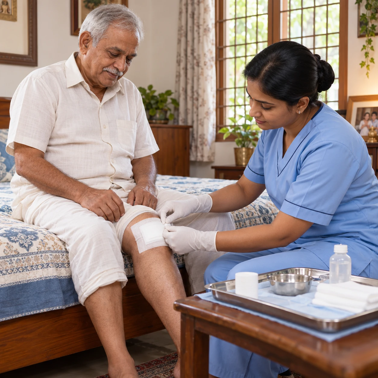 Caregiver helping an older patient walk safely after surgery