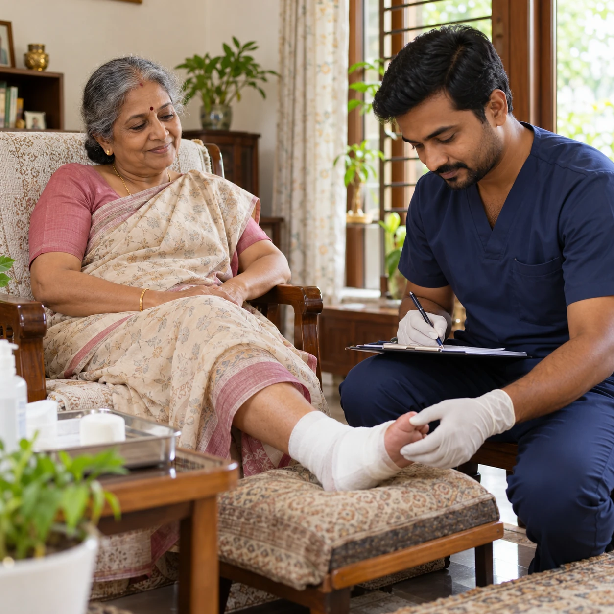 Nurse reviewing a wound-care plan with an older patient