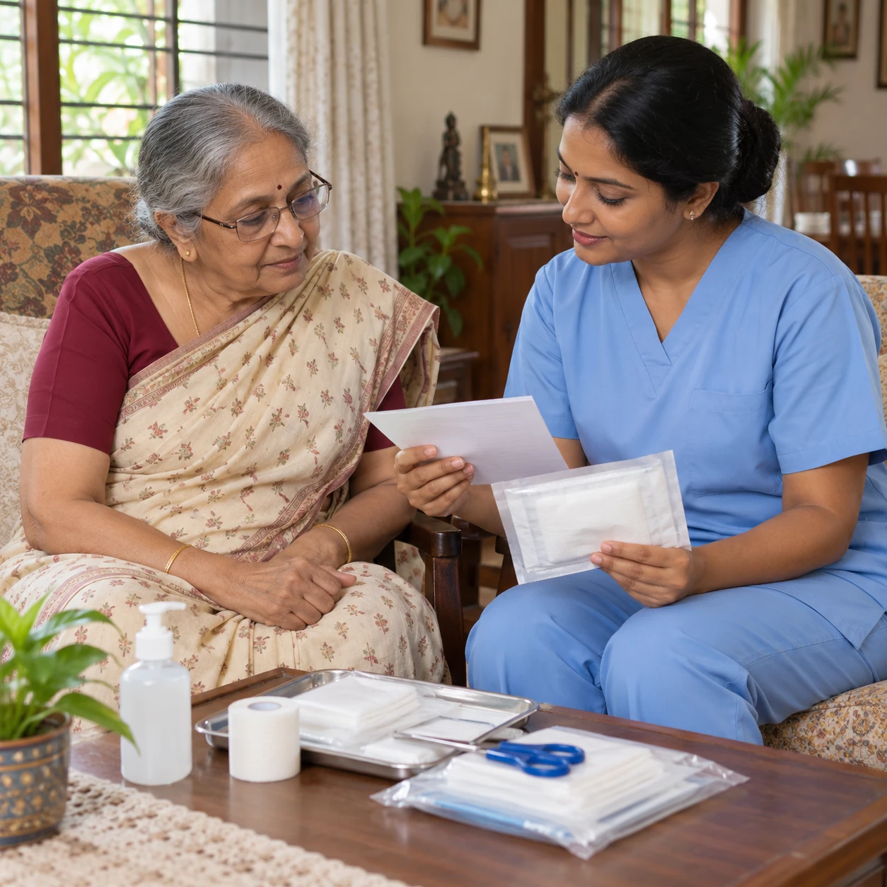 Nurse performing a clean home dressing procedure