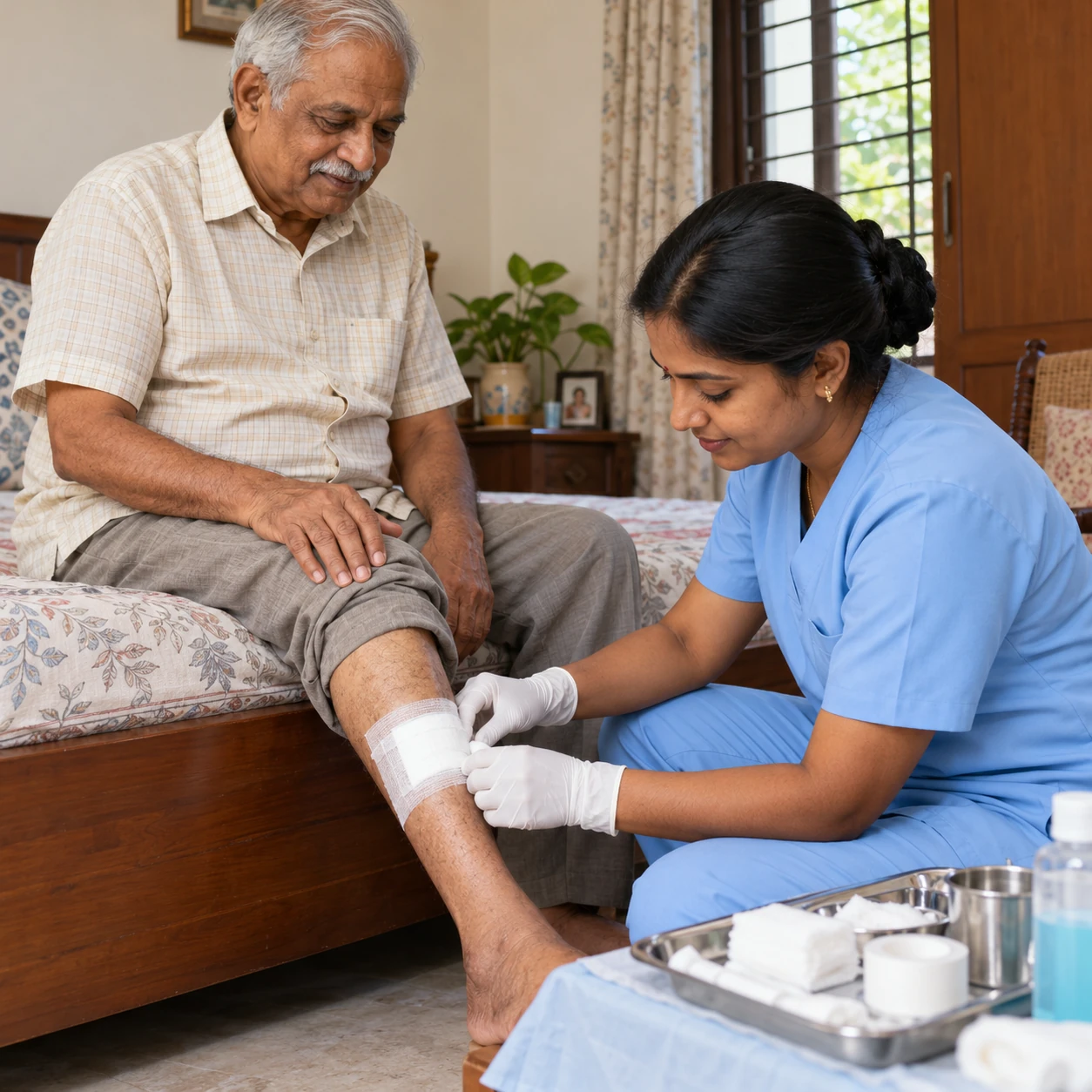Nurse checking a clean foot dressing during a follow-up visit